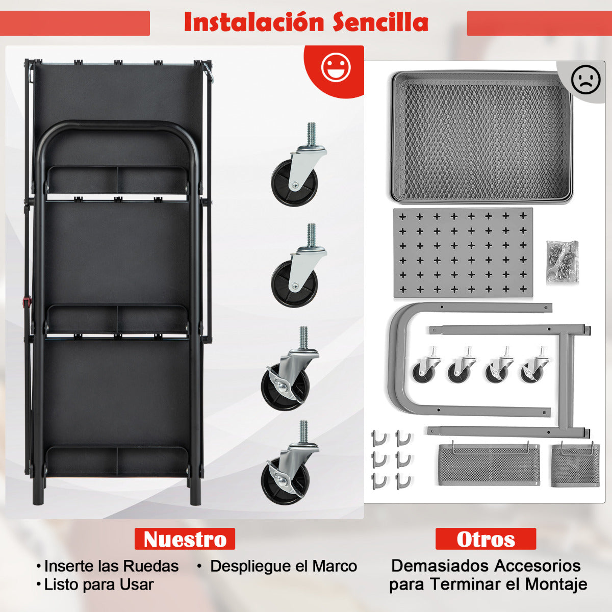 Carrito de Herramientas Plegable de 3 Niveles con Ruedas y Pasamanos Organizador Rodante para Almacén Taller Garaje 61 x 44 x 96 cm Negro