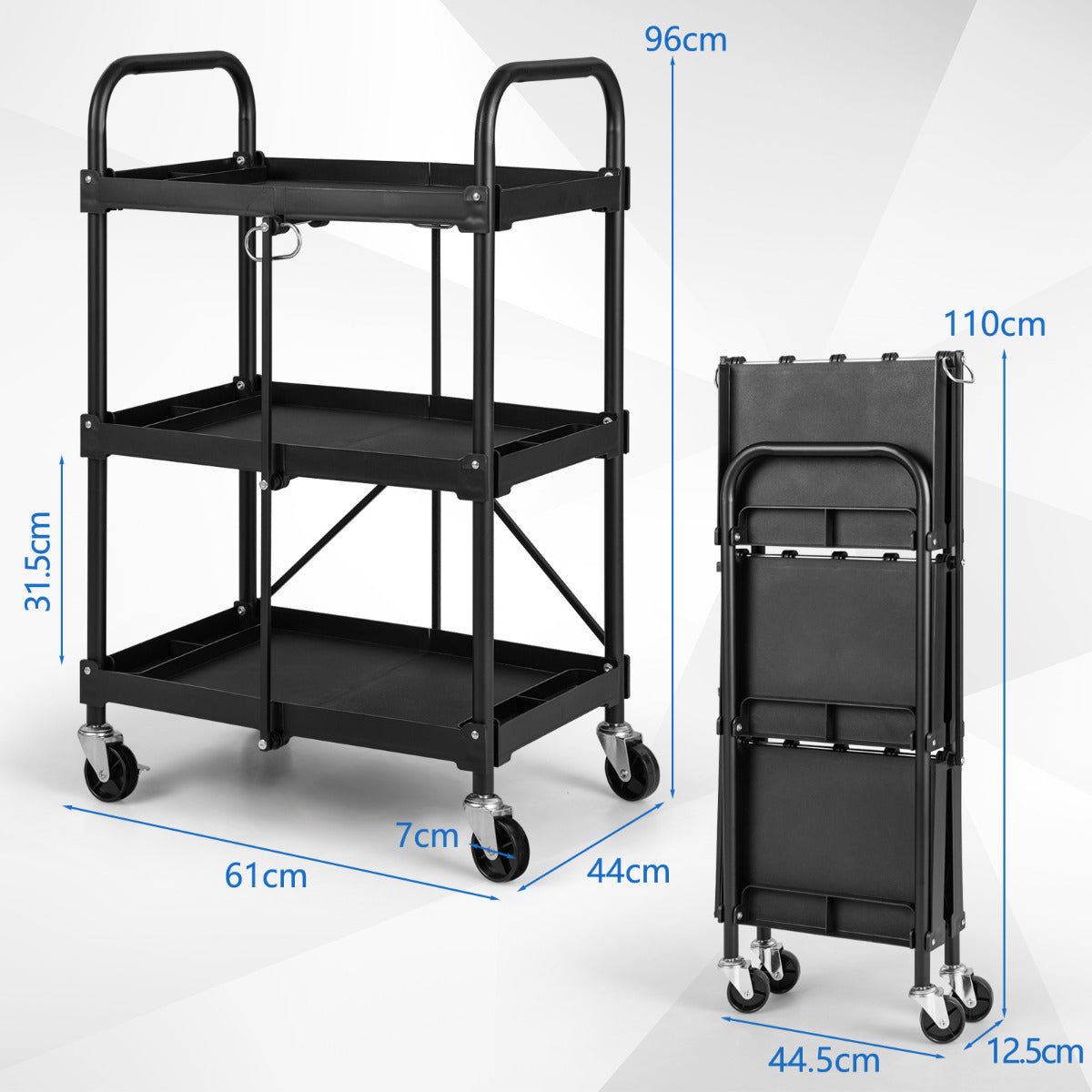 Carrito de Herramientas Plegable de 3 Niveles con Ruedas y Pasamanos Organizador Rodante para Almacén Taller Garaje 61 x 44 x 96 cm Negro