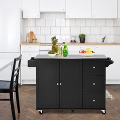Carrito de Isla de Cocina con Encimera de Acero Inoxidable Estantes Ajustables Cajones 135 x 45,5 x 91,5 cm-Negro