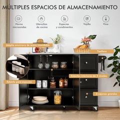 Carrito de Isla de Cocina con Encimera de Acero Inoxidable Estantes Ajustables Cajones 135 x 45,5 x 91,5 cm-Negro