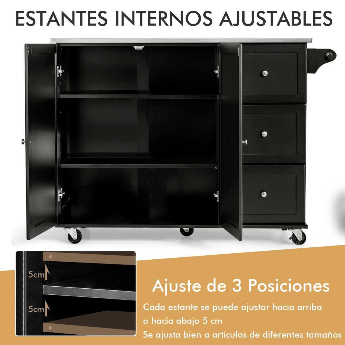 Carrito de Isla de Cocina con Encimera de Acero Inoxidable Estantes Ajustables Cajones 135 x 45,5 x 91,5 cm-Negro