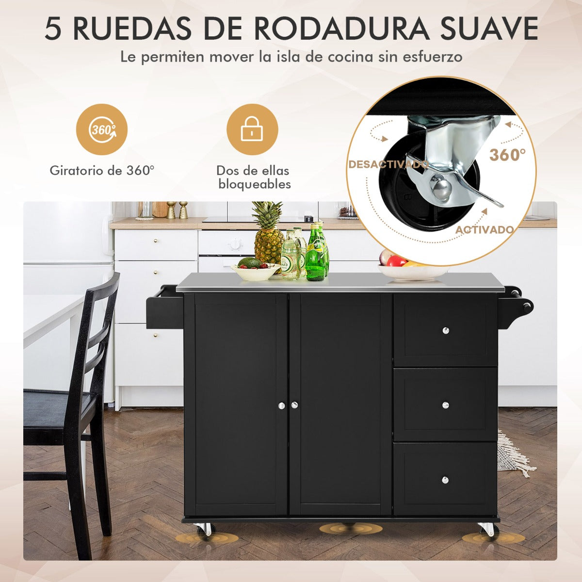 Carrito de Isla de Cocina con Encimera de Acero Inoxidable Estantes Ajustables Cajones 135 x 45,5 x 91,5 cm-Negro