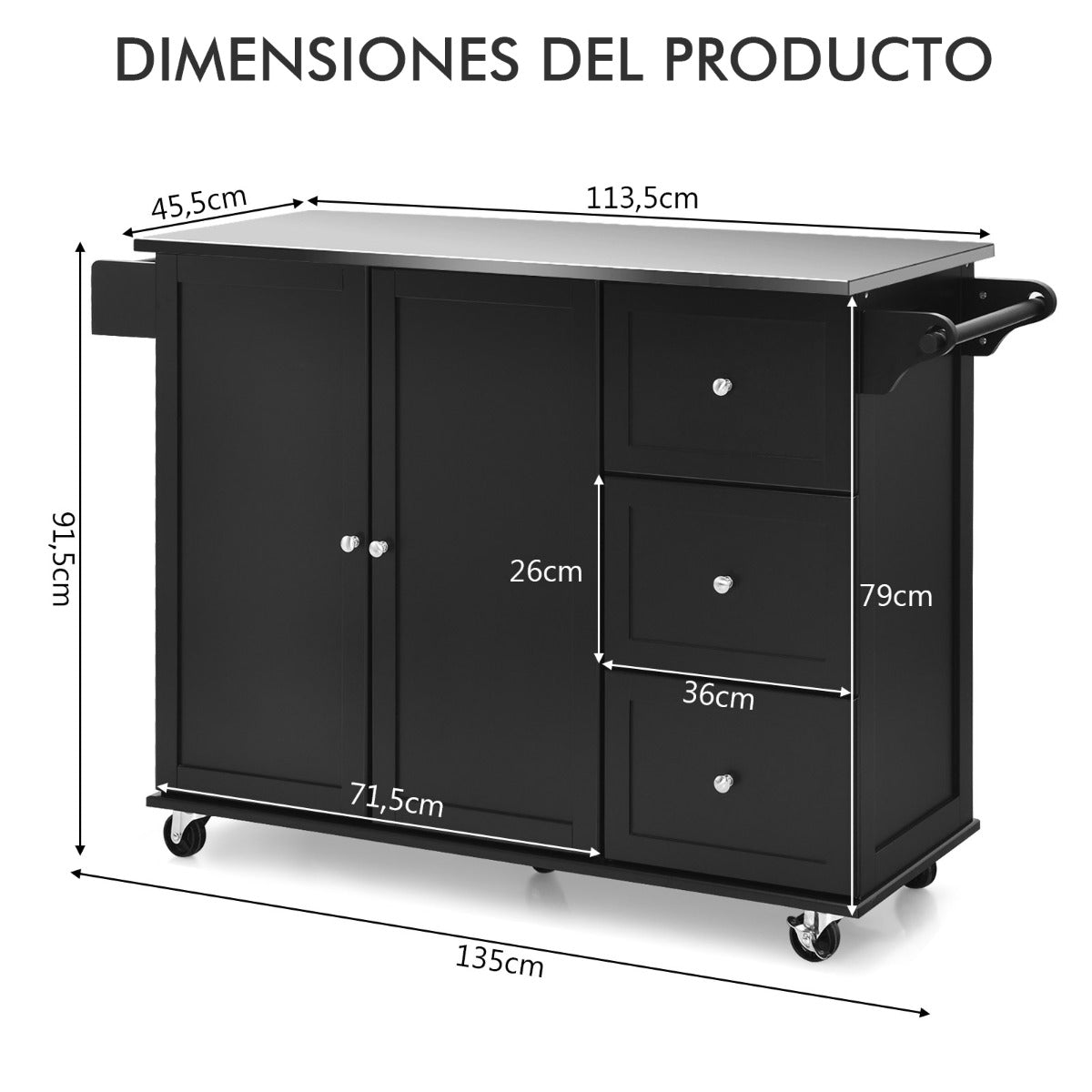 Carrito de Isla de Cocina con Encimera de Acero Inoxidable Estantes Ajustables Cajones 135 x 45,5 x 91,5 cm-Negro