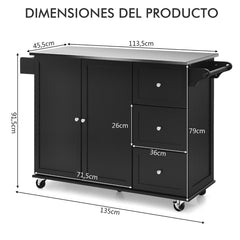 Carrito de Isla de Cocina con Encimera de Acero Inoxidable Estantes Ajustables Cajones 135 x 45,5 x 91,5 cm-Negro