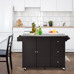 Carrito de Isla de Cocina con Encimera de Acero Inoxidable Estantes Ajustables Cajones 135 x 45,5 x 91,5 cm-Marrón