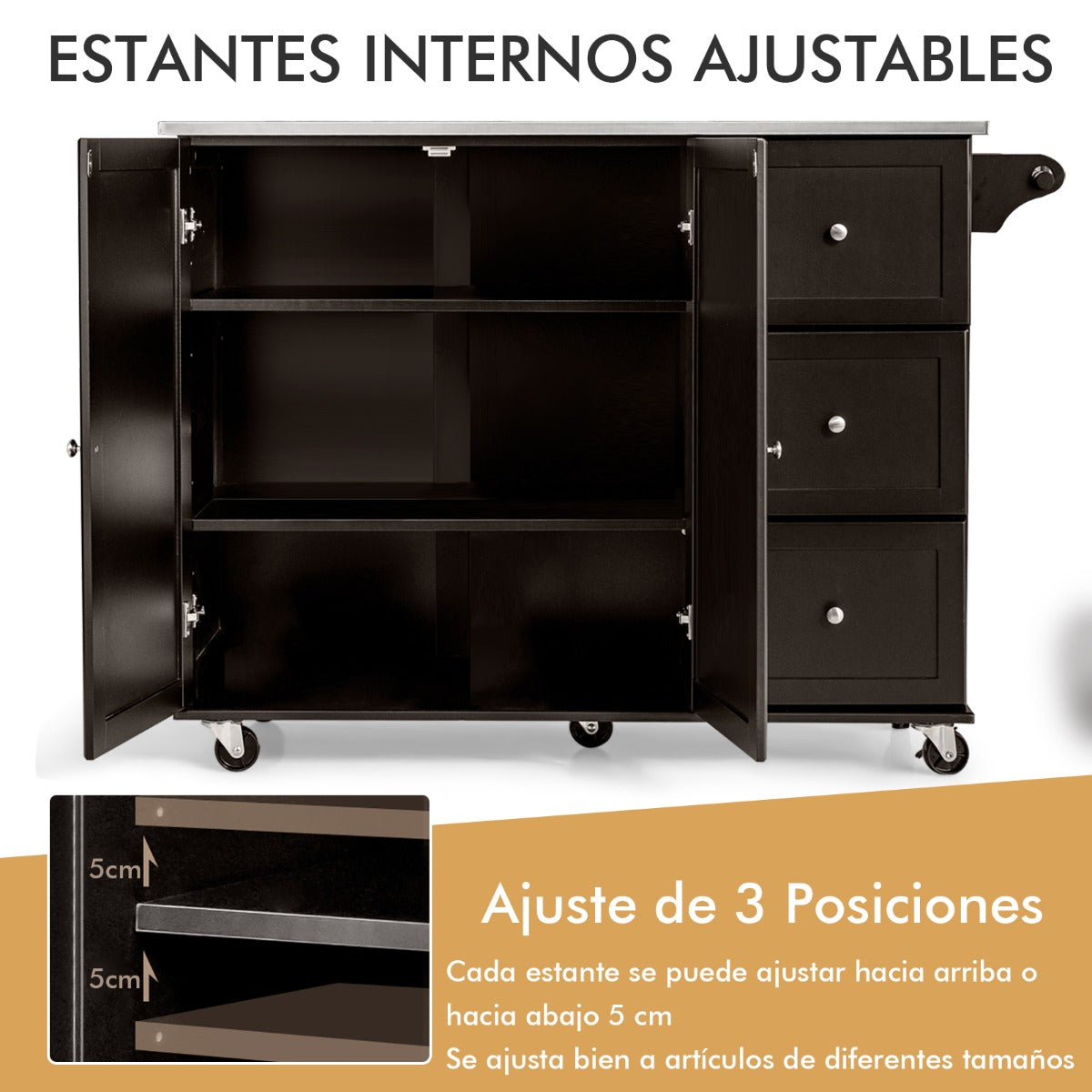 Carrito de Isla de Cocina con Encimera de Acero Inoxidable Estantes Ajustables Cajones 135 x 45,5 x 91,5 cm-Marrón