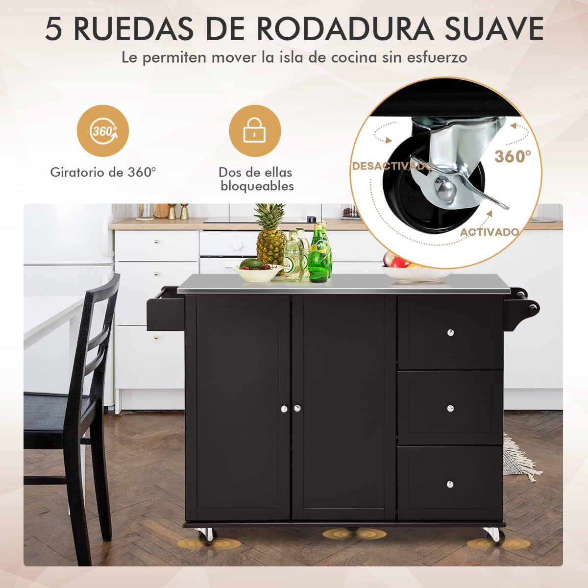 Carrito de Isla de Cocina con Encimera de Acero Inoxidable Estantes Ajustables Cajones 135 x 45,5 x 91,5 cm-Marrón