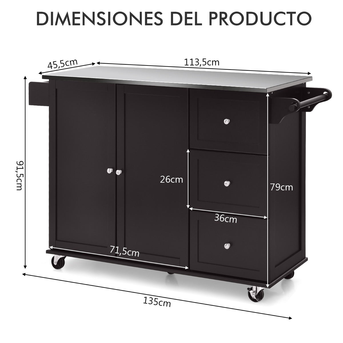 Carrito de Isla de Cocina con Encimera de Acero Inoxidable Estantes Ajustables Cajones 135 x 45,5 x 91,5 cm-Marrón
