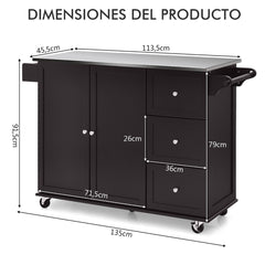 Carrito de Isla de Cocina con Encimera de Acero Inoxidable Estantes Ajustables Cajones 135 x 45,5 x 91,5 cm-Marrón