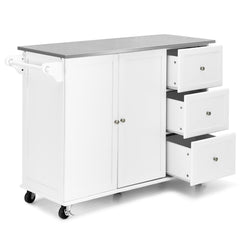 Carrito de Isla de Cocina con Encimera de Acero Inoxidable Estantes Ajustables Cajones 135 x 45,5 x 91,5 cm Blanco
