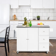 Carrito de Isla de Cocina con Encimera de Acero Inoxidable Estantes Ajustables Cajones 135 x 45,5 x 91,5 cm Blanco