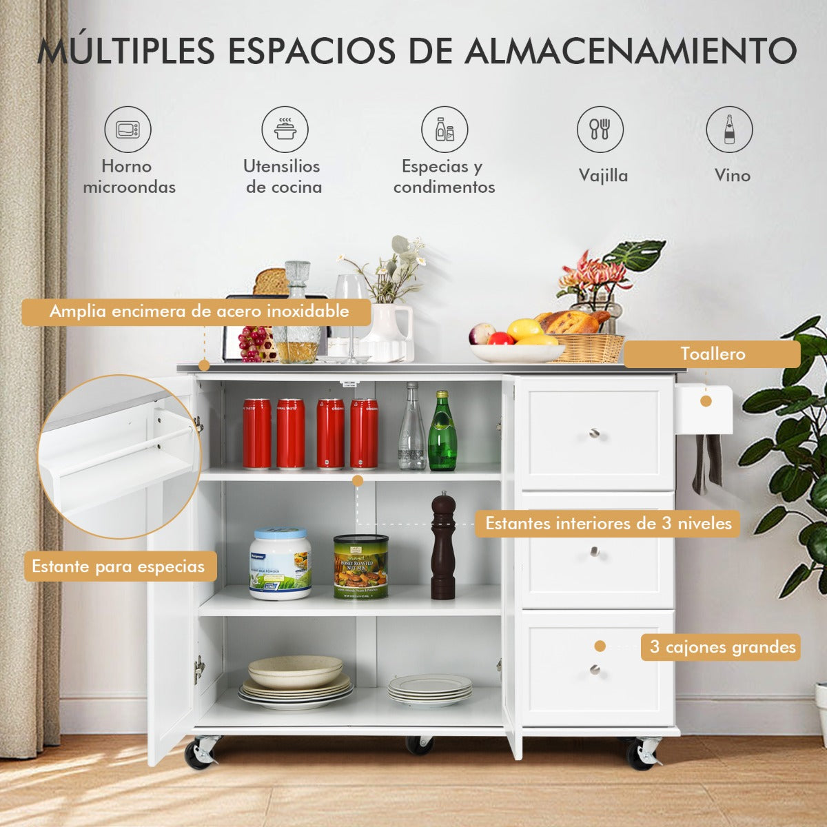 Carrito de Isla de Cocina con Encimera de Acero Inoxidable Estantes Ajustables Cajones 135 x 45,5 x 91,5 cm Blanco