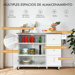 Carrito de Isla de Cocina con Encimera de Acero Inoxidable Estantes Ajustables Cajones 135 x 45,5 x 91,5 cm Blanco