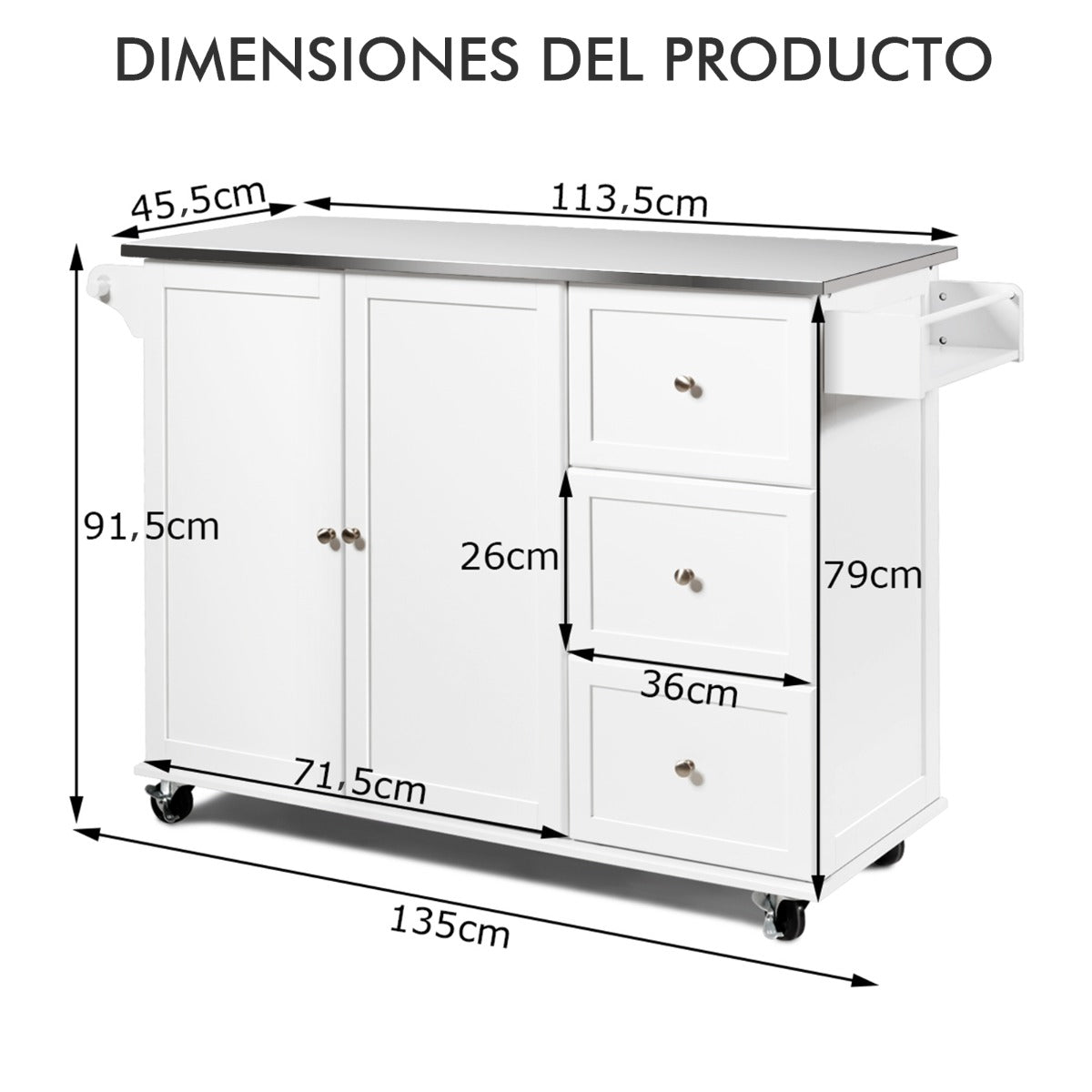 Carrito de Isla de Cocina con Encimera de Acero Inoxidable Estantes Ajustables Cajones 135 x 45,5 x 91,5 cm Blanco