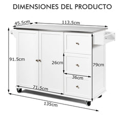 Carrito de Isla de Cocina con Encimera de Acero Inoxidable Estantes Ajustables Cajones 135 x 45,5 x 91,5 cm Blanco