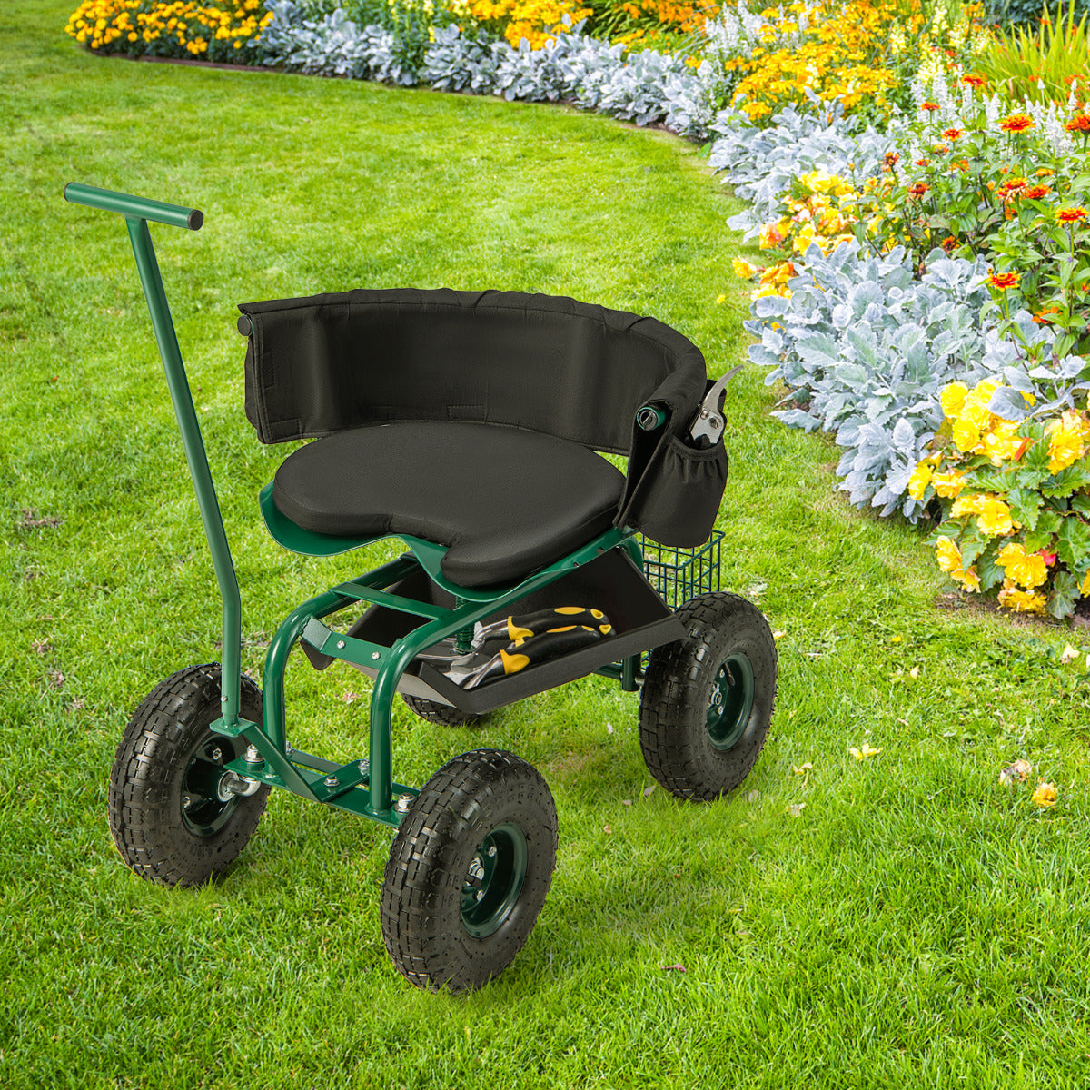 Carrito de Jardín con Asiento de Trabajo Ajustable en Altura Asiento Giratorio 360° Cojín 2 Asas de Dirección Bandeja de Herramientas Verde