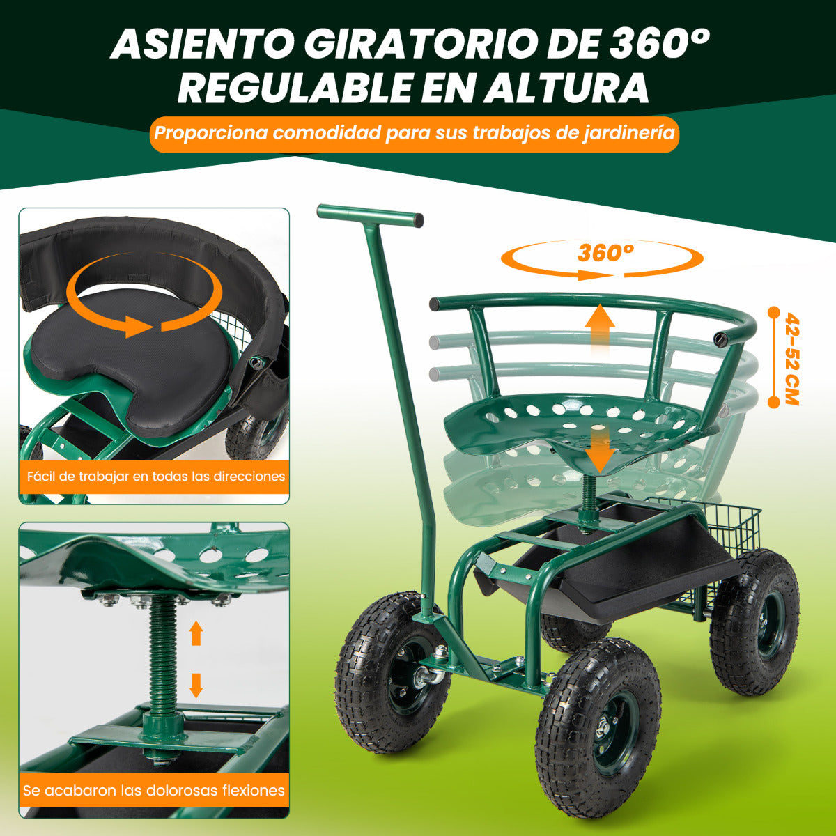 Carrito de Jardín con Asiento de Trabajo Ajustable en Altura Asiento Giratorio 360° Cojín 2 Asas de Dirección Bandeja de Herramientas Verde