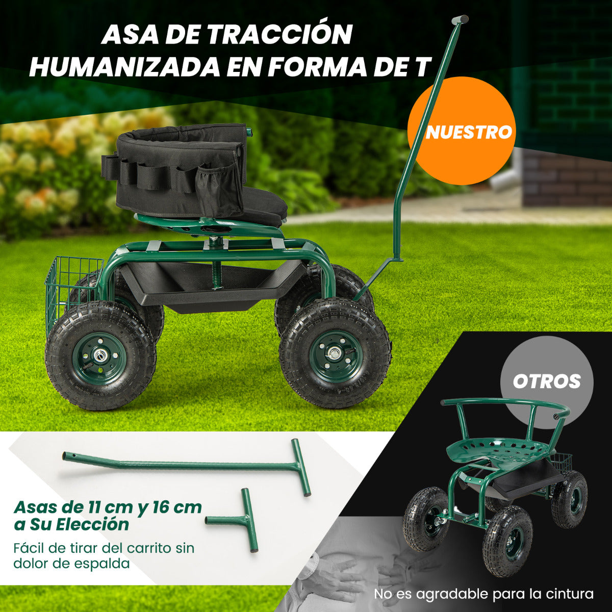 Carrito de Jardín con Asiento de Trabajo Ajustable en Altura Asiento Giratorio 360° Cojín 2 Asas de Dirección Bandeja de Herramientas Verde