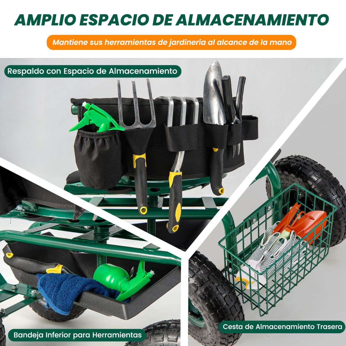 Carrito de Jardín con Asiento de Trabajo Ajustable en Altura Asiento Giratorio 360° Cojín 2 Asas de Dirección Bandeja de Herramientas Verde
