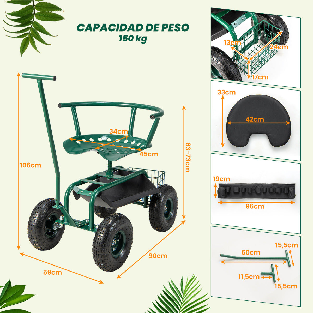 Carrito de Jardín con Asiento de Trabajo Ajustable en Altura Asiento Giratorio 360° Cojín 2 Asas de Dirección Bandeja de Herramientas Verde