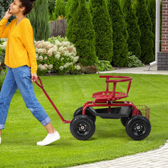 Carrito de Jardinería Rodante con Asiento Giratorio Mango Extensible para Exteriores 90 x 61 x 60-69 cm Rojo y Negro