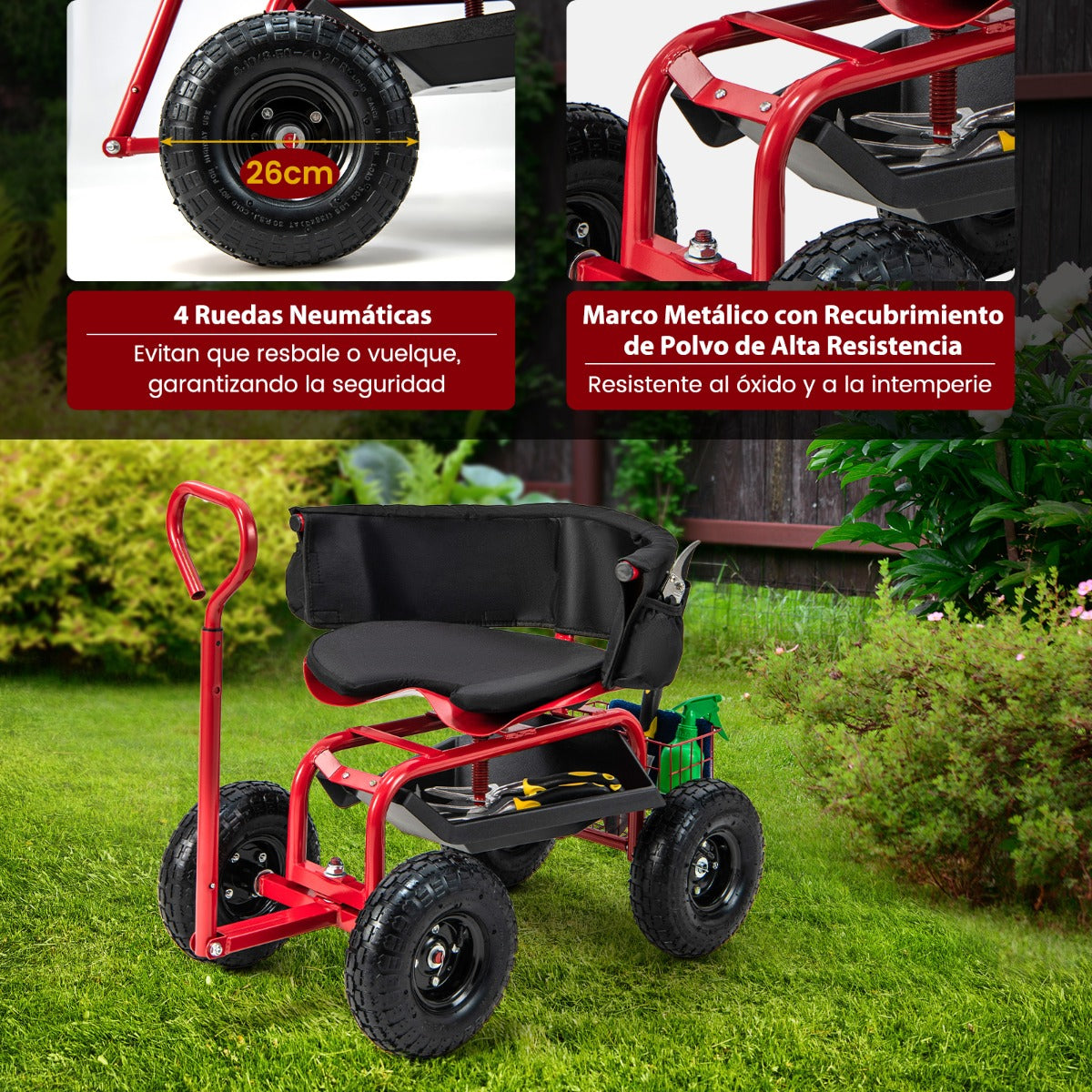 Carrito de Jardinería Rodante con Asiento Giratorio Mango Extensible para Exteriores 90 x 61 x 60-69 cm Rojo y Negro