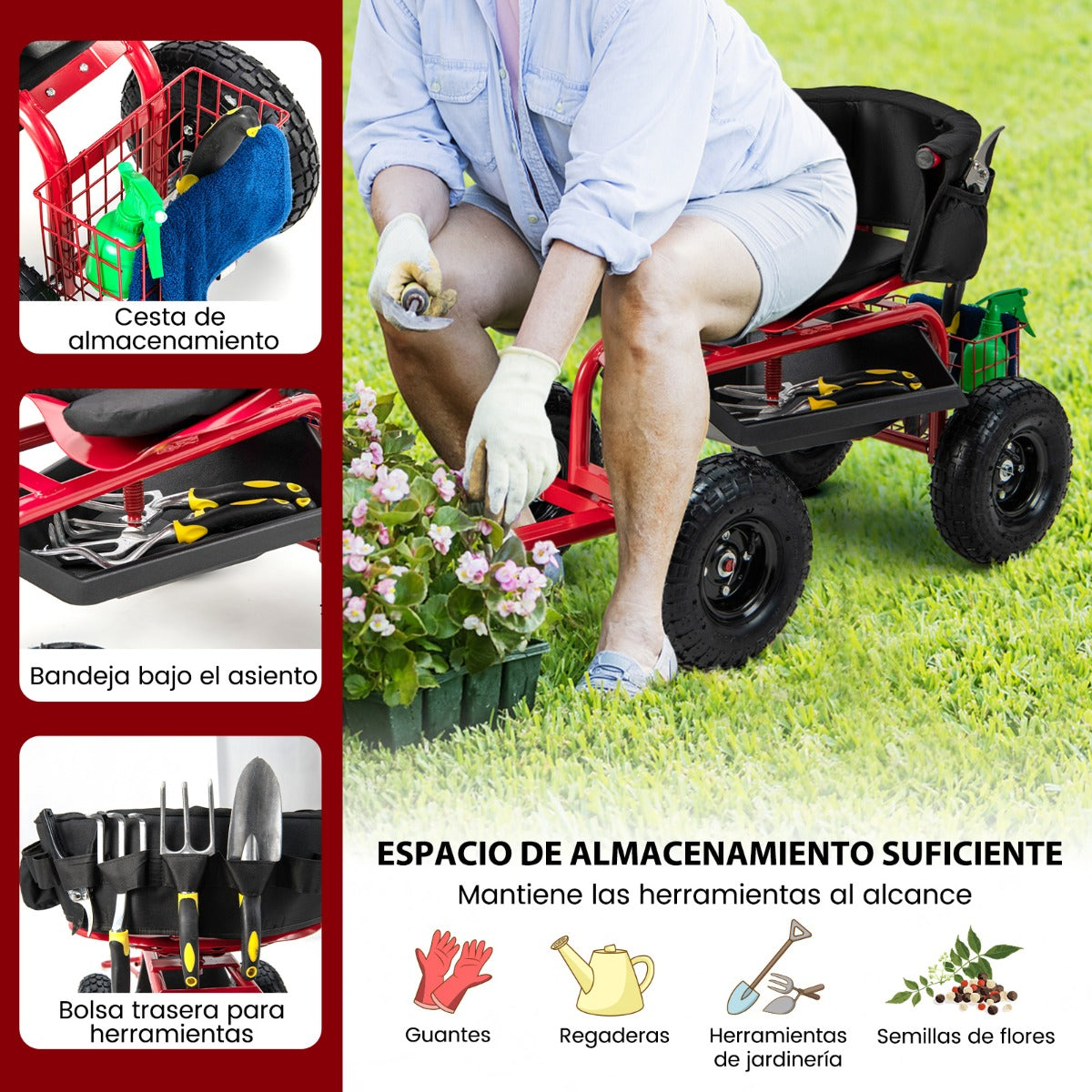 Carrito de Jardinería Rodante con Asiento Giratorio Mango Extensible para Exteriores 90 x 61 x 60-69 cm Rojo y Negro