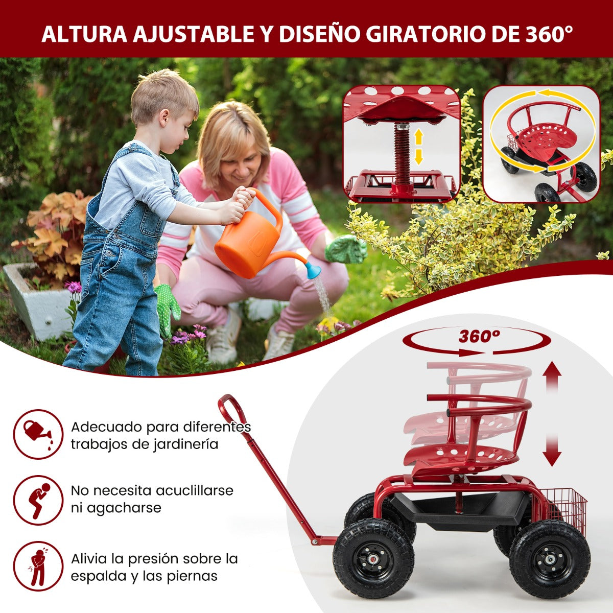 Carrito de Jardinería Rodante con Asiento Giratorio Mango Extensible para Exteriores 90 x 61 x 60-69 cm Rojo y Negro