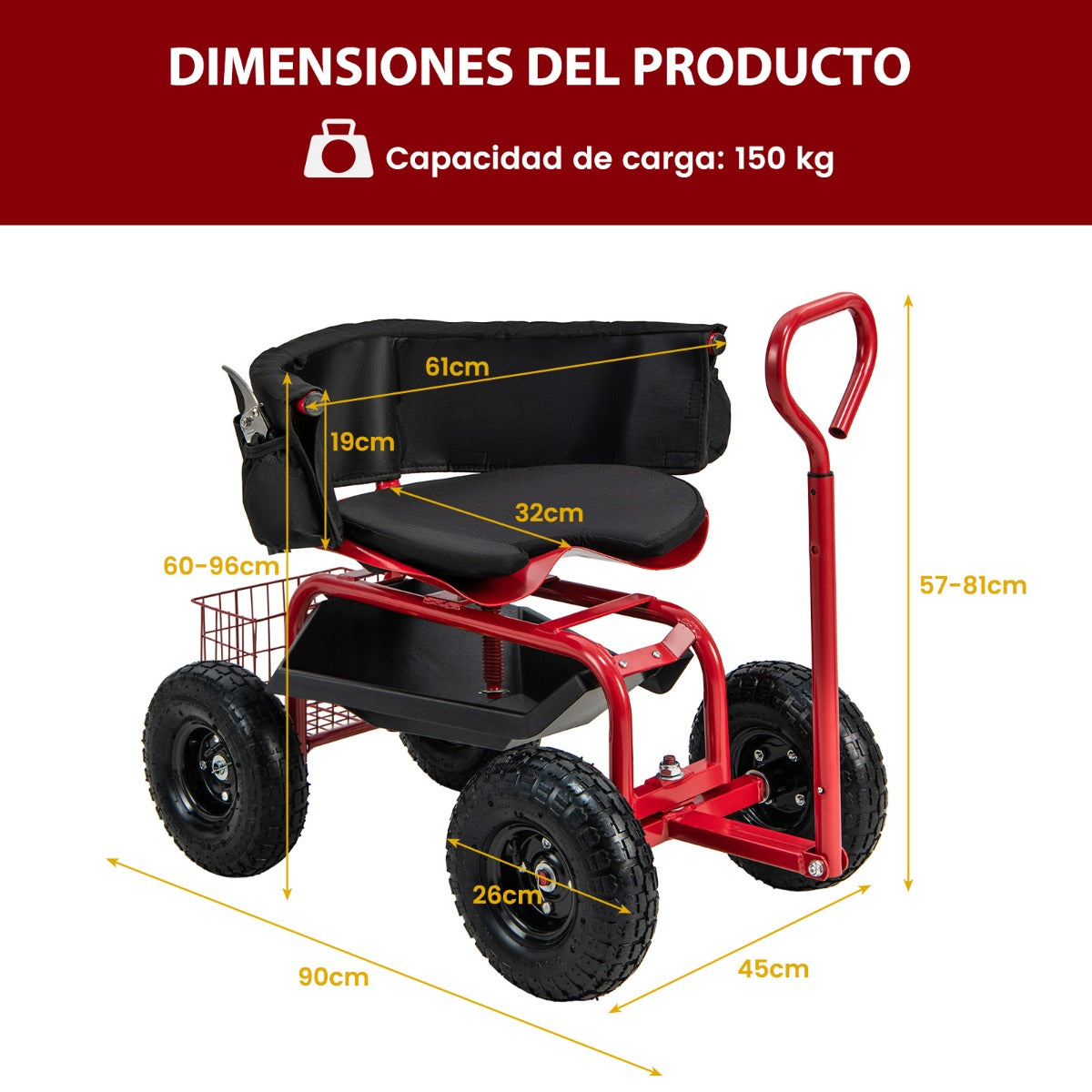 Carrito de Jardinería Rodante con Asiento Giratorio Mango Extensible para Exteriores 90 x 61 x 60-69 cm Rojo y Negro