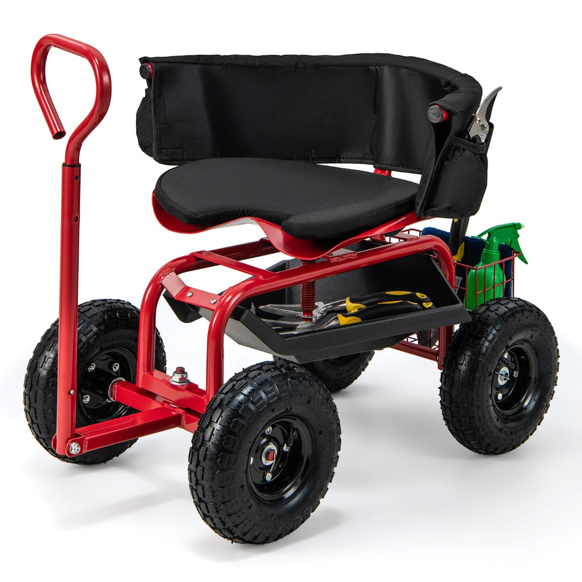 Carrito de Jardinería Rodante con Asiento Giratorio Mango Extensible para Exteriores 90 x 61 x 60-69 cm Rojo y Negro