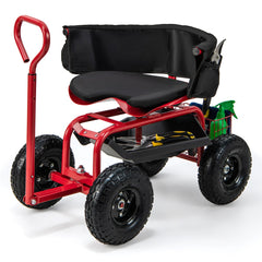 Carrito de Jardinería Rodante con Asiento Giratorio Mango Extensible para Exteriores 90 x 61 x 60-69 cm Rojo y Negro