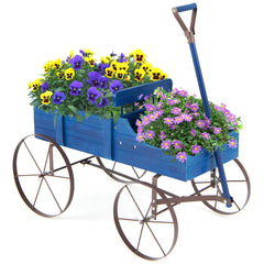 Carrito de Madera Maceta Decorativa con Ruedas y 2 Secciones para Plantas Jardín Patio Azul 62 x 34 x 60 cm