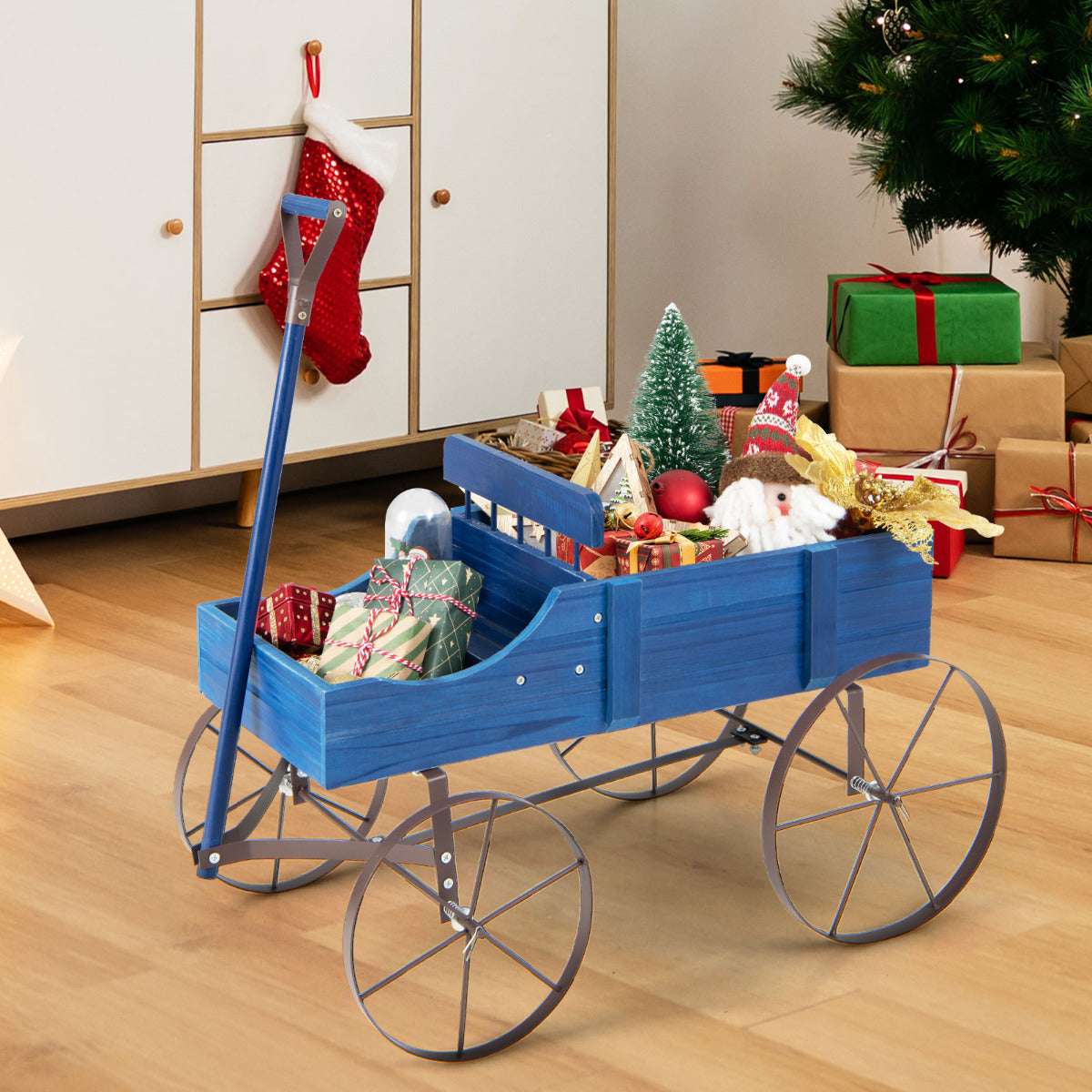 Carrito de Madera Maceta Decorativa con Ruedas y 2 Secciones para Plantas Jardín Patio Azul 62 x 34 x 60 cm