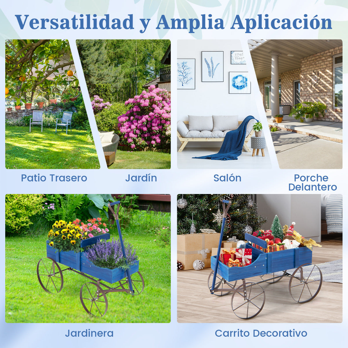 Carrito de Madera Maceta Decorativa con Ruedas y 2 Secciones para Plantas Jardín Patio Azul 62 x 34 x 60 cm