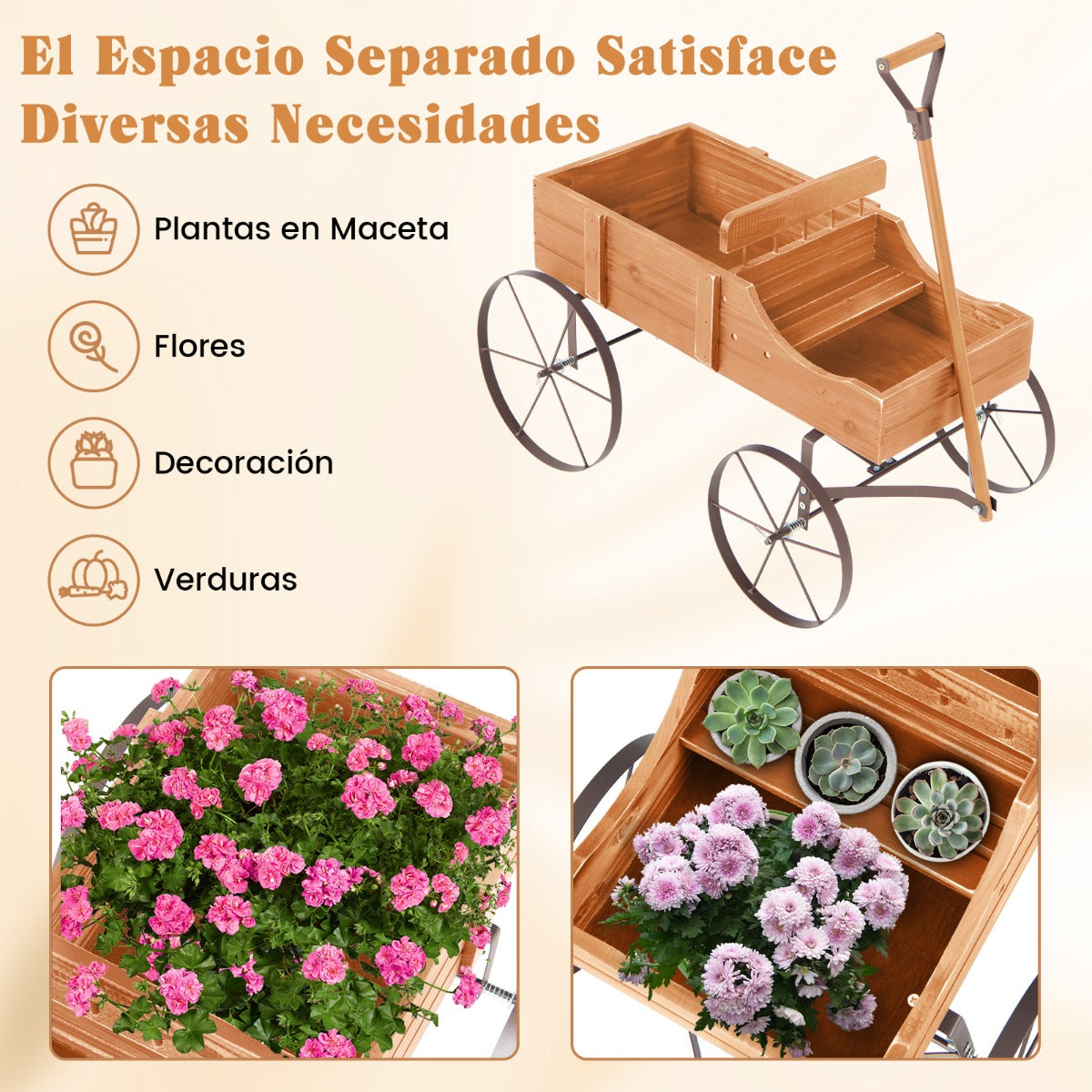 Carrito de Madera Maceta Decorativa con Ruedas y 2 Secciones para Plantas Jardín Patio Natural 62 x 34 x 60 cm