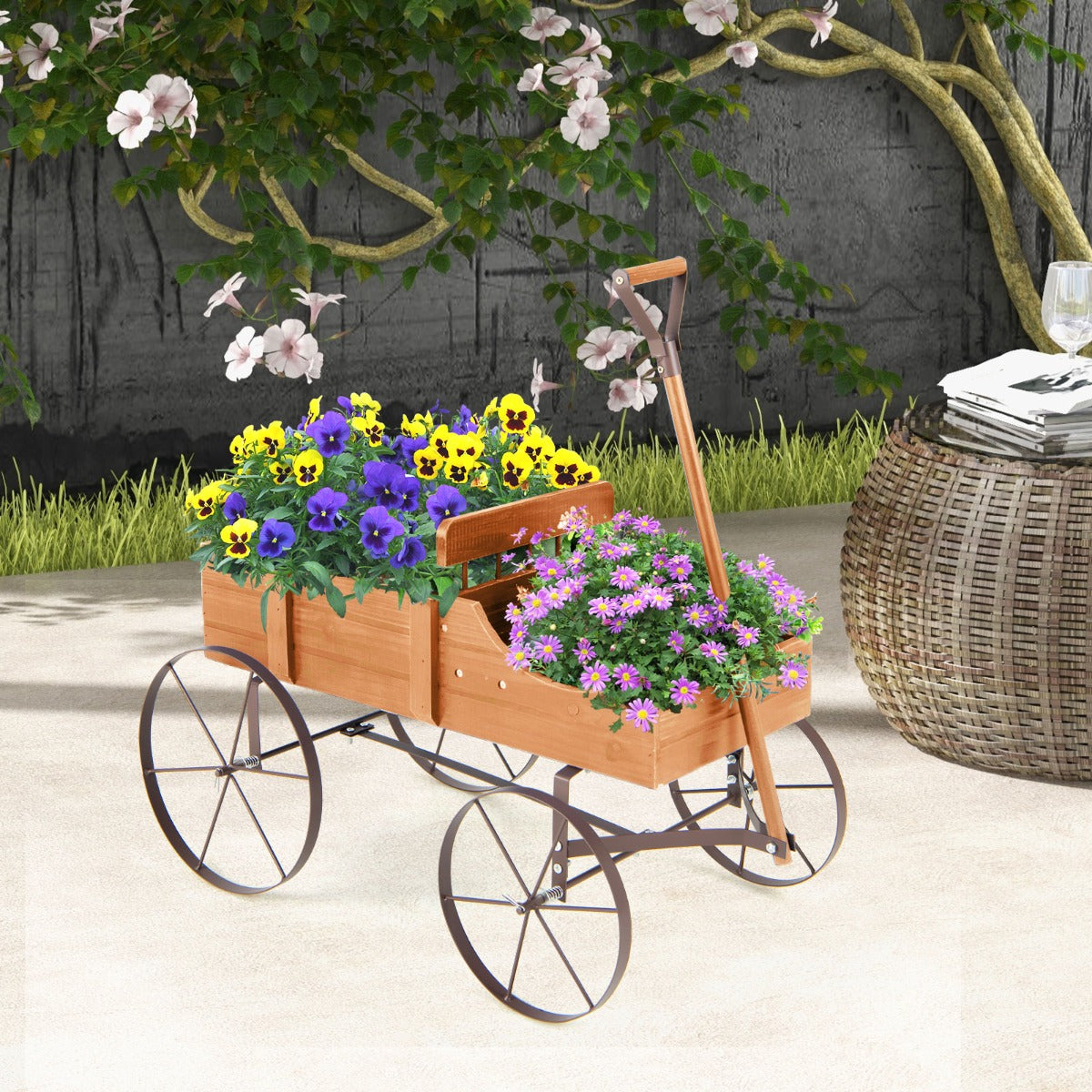 Carrito de Madera Maceta Decorativa con Ruedas y 2 Secciones para Plantas Jardín Patio Natural 62 x 34 x 60 cm