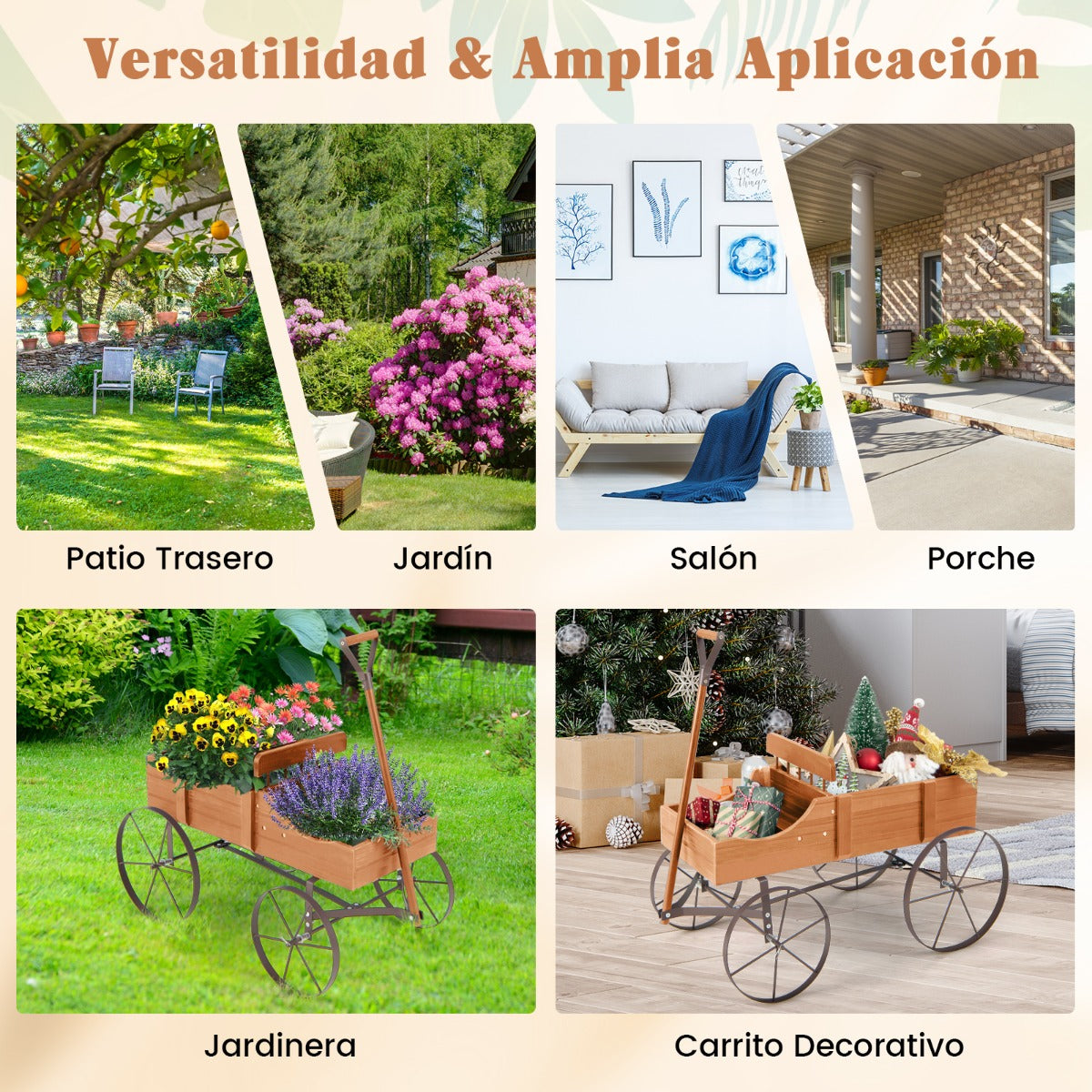 Carrito de Madera Maceta Decorativa con Ruedas y 2 Secciones para Plantas Jardín Patio Natural 62 x 34 x 60 cm