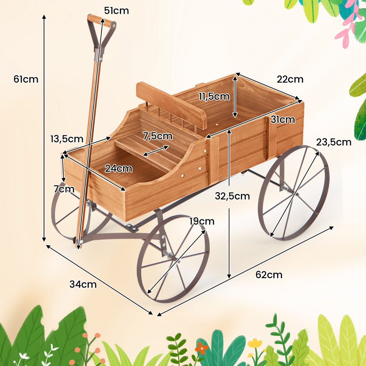 Carrito de Madera Maceta Decorativa con Ruedas y 2 Secciones para Plantas Jardín Patio Natural 62 x 34 x 60 cm