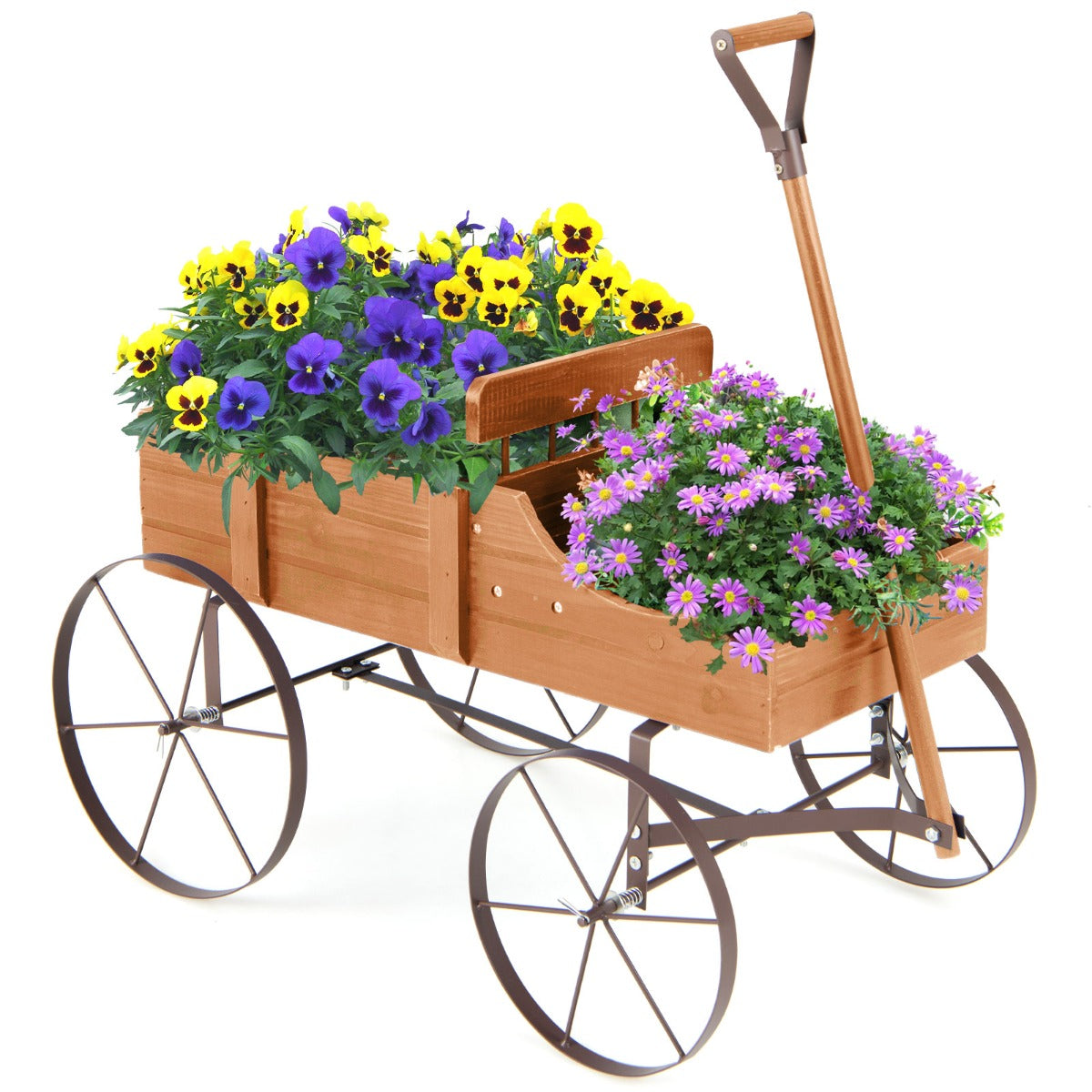 Carrito de Madera Maceta Decorativa con Ruedas y 2 Secciones para Plantas Jardín Patio Natural 62 x 34 x 60 cm