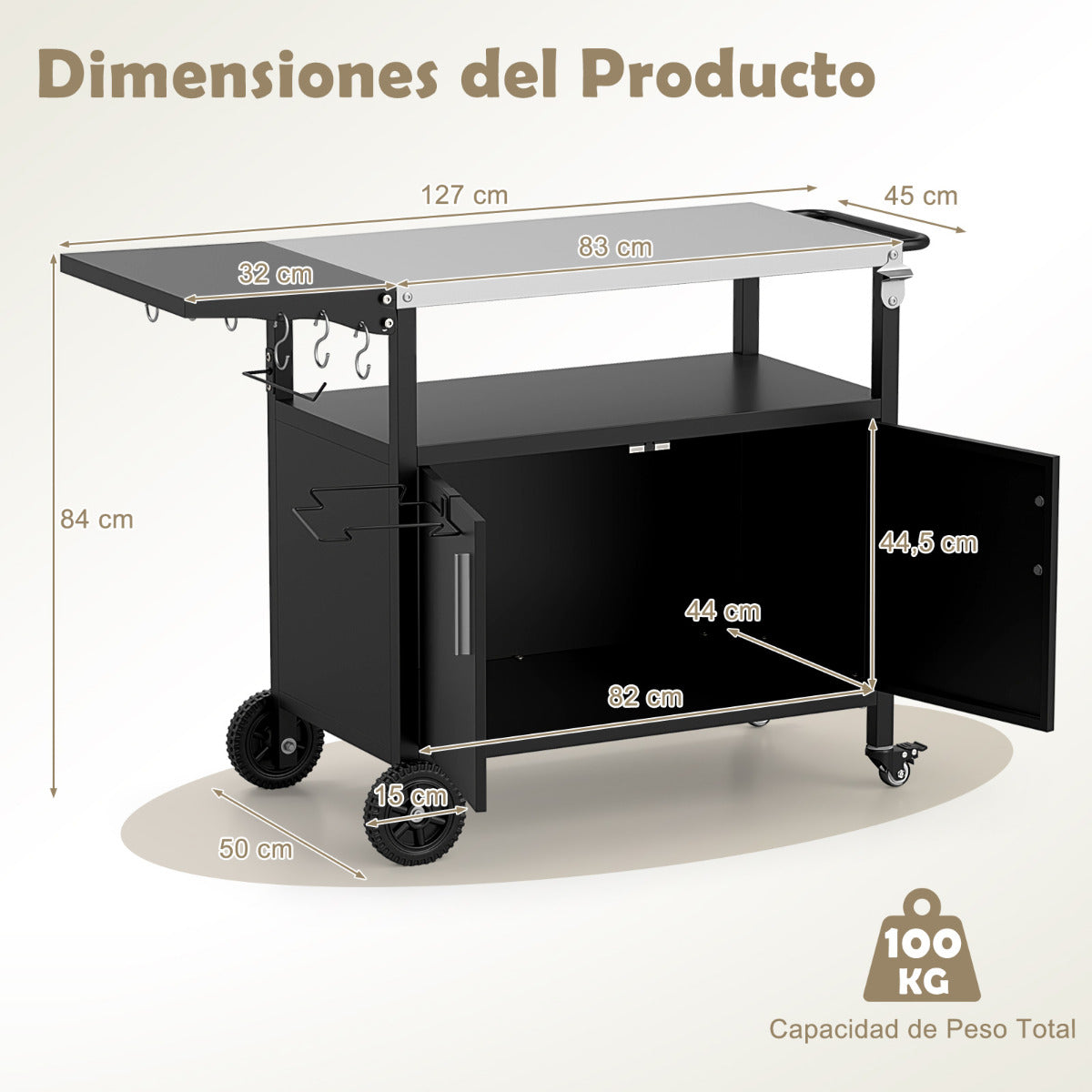 Carrito de Parrilla con Almacenamiento Isla de Cocina Exterior de 84 cm de Altura con Encimera de Acero Inoxidable Plegable para BBQ Negro