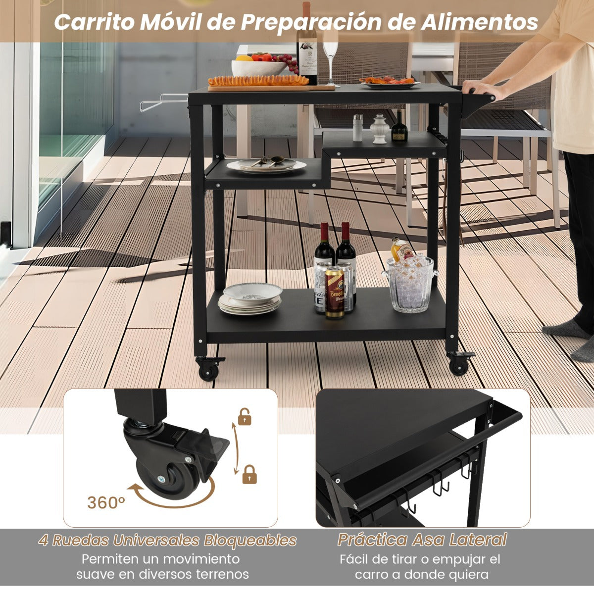 Carro de Barbacoa de 3 Estantes para Exteriores con 4 Ruedas y Tablero de Metal Carrito de Asado Carrito Móvil 111 x 50,5 x 93 cm Negro