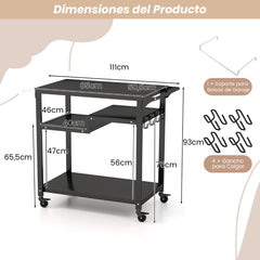 Carro de Barbacoa de 3 Estantes para Exteriores con 4 Ruedas y Tablero de Metal Carrito de Asado Carrito Móvil 111 x 50,5 x 93 cm Negro