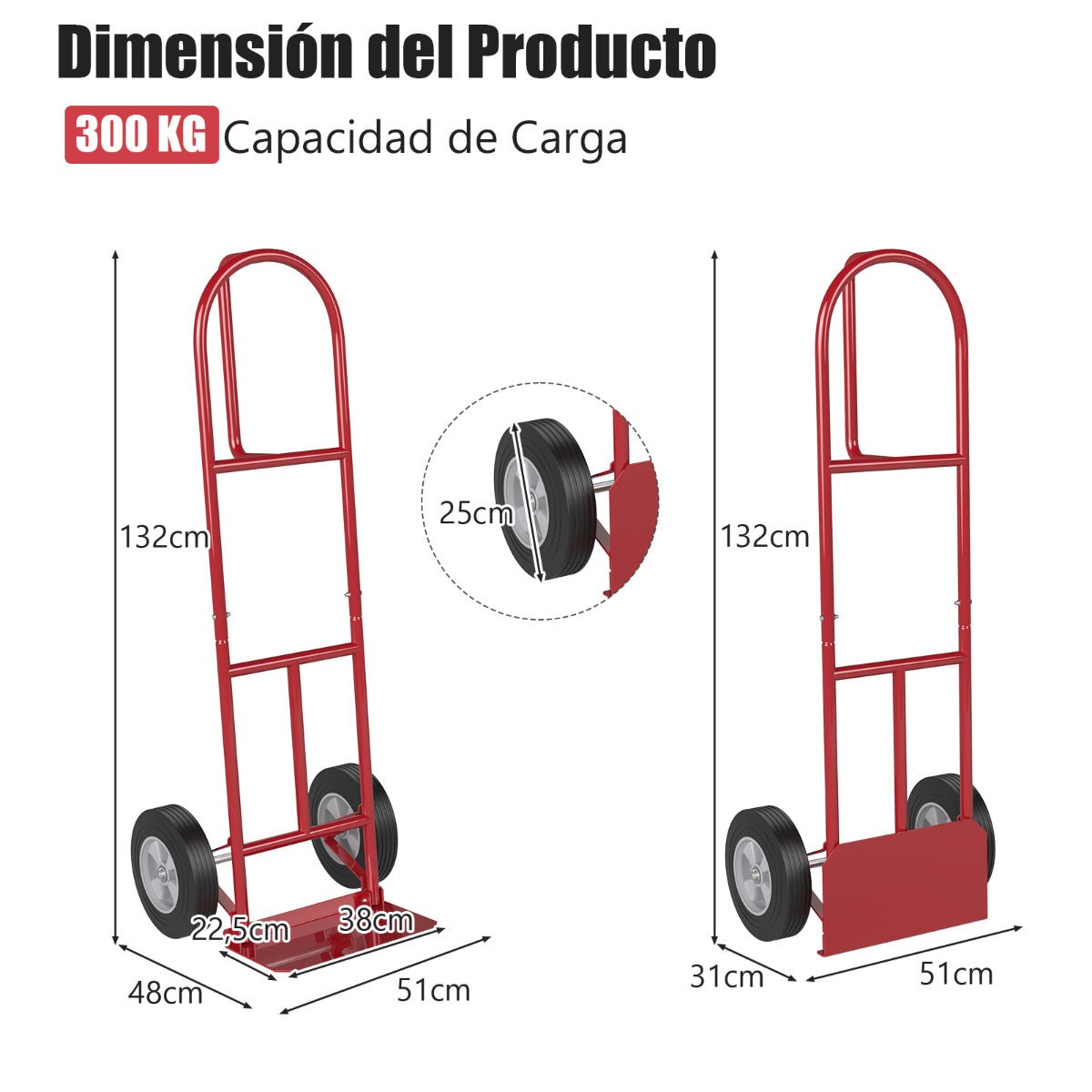 Carrito de Sacos con Mango en P Carretilla de Mano de Trabajo Respaldo Alto con Ruedas 25 cm Plegable Carga 300 kg 51 x 48 x 132 cm Rojo