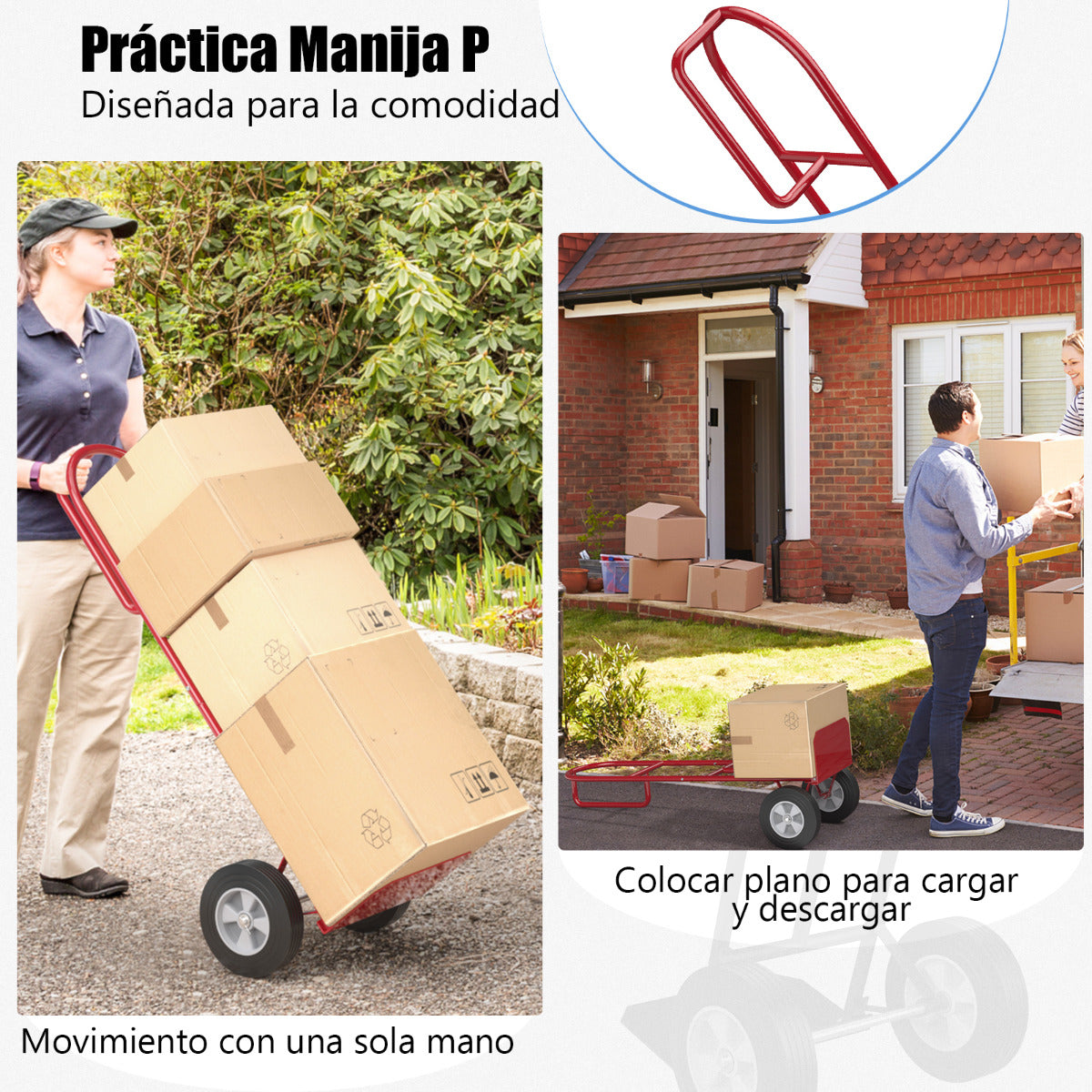 Carrito de Sacos con Mango en P Carretilla de Mano de Trabajo Respaldo Alto con Ruedas 25 cm Plegable Carga 300 kg 51 x 48 x 132 cm Rojo
