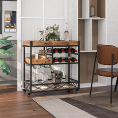 Carrito de Servicio de Bar Carro Rodante 3 Niveles Bandeja Desmontable Porta Vino Soporte de Copas para Cocina Comedor 80x40x83cm Marrón