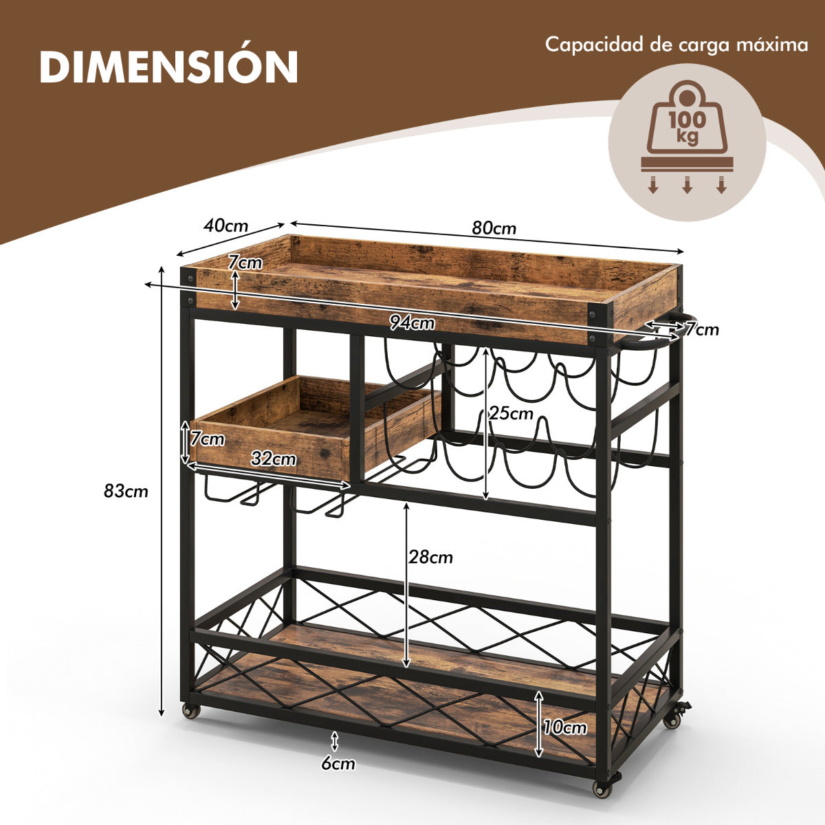 Carrito de Servicio de Bar Carro Rodante 3 Niveles Bandeja Desmontable Porta Vino Soporte de Copas para Cocina Comedor 80x40x83cm Marrón
