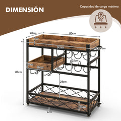Carrito de Servicio de Bar Carro Rodante 3 Niveles Bandeja Desmontable Porta Vino Soporte de Copas para Cocina Comedor 80x40x83cm Marrón