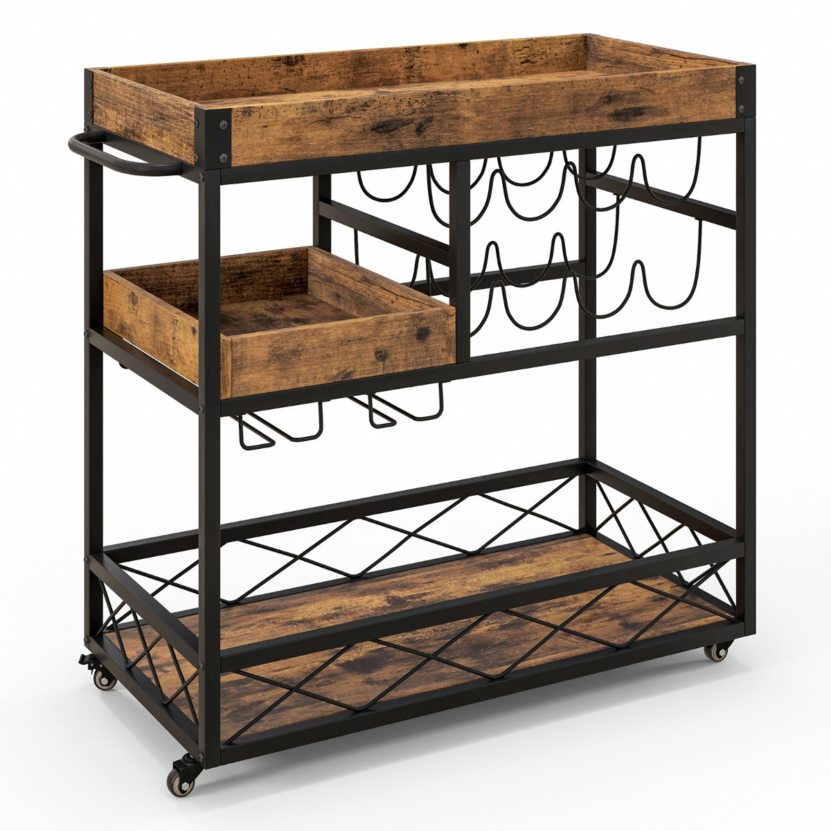 Carrito de Servicio de Bar Carro Rodante 3 Niveles Bandeja Desmontable Porta Vino Soporte de Copas para Cocina Comedor 80x40x83cm Marrón