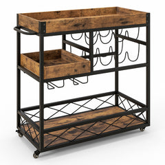 Carrito de Servicio de Bar Carro Rodante 3 Niveles Bandeja Desmontable Porta Vino Soporte de Copas para Cocina Comedor 80x40x83cm Marrón