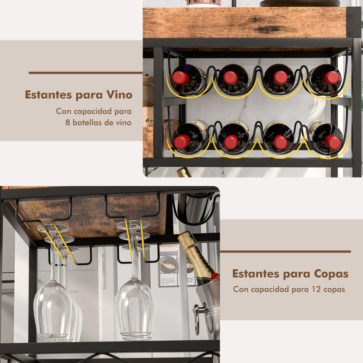 Carrito de Servicio de Bar Carro Rodante 3 Niveles Bandeja Desmontable Porta Vino Soporte de Copas para Cocina Comedor 80x40x83cm Marrón